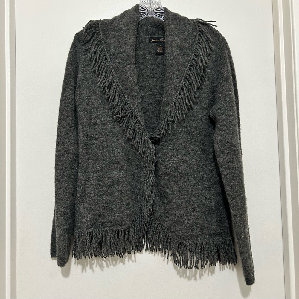 Marisa Christina Coastal Cowgirl Fringe Trim Cardigan Gray Wool Blend L Bohemian